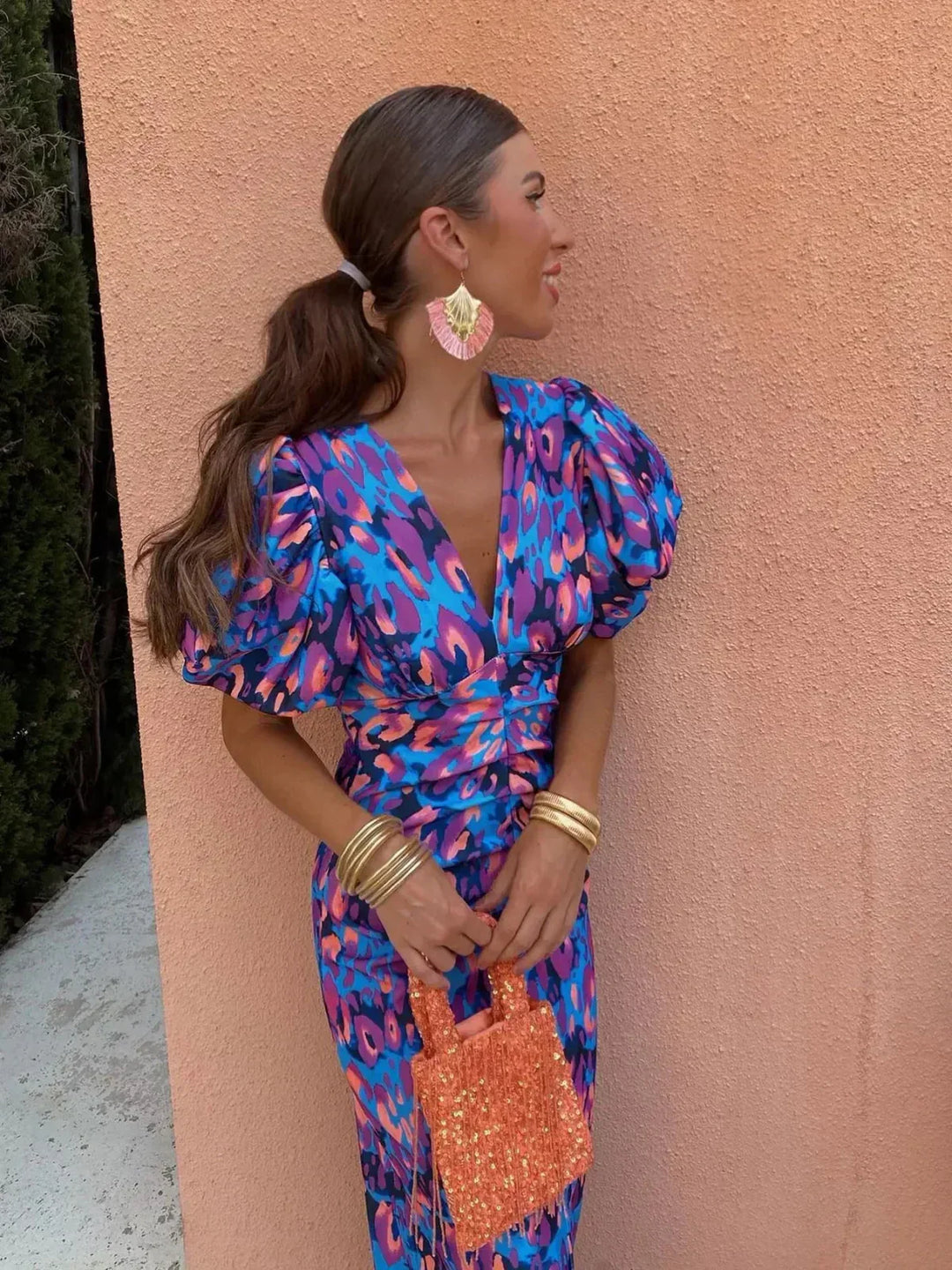 Arielle - Abito Midi Colorato met Maniche Plissettate