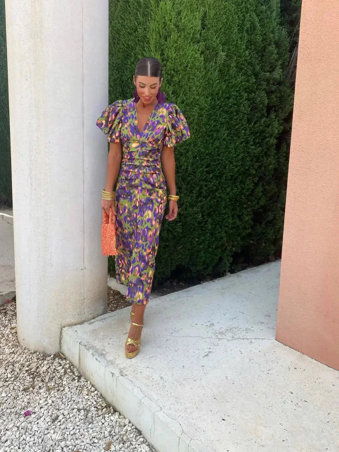 Arielle - Abito Midi Colorato met Maniche Plissettate