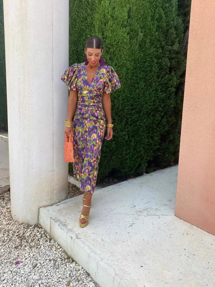 Arielle - Abito Midi Colorato met Maniche Plissettate