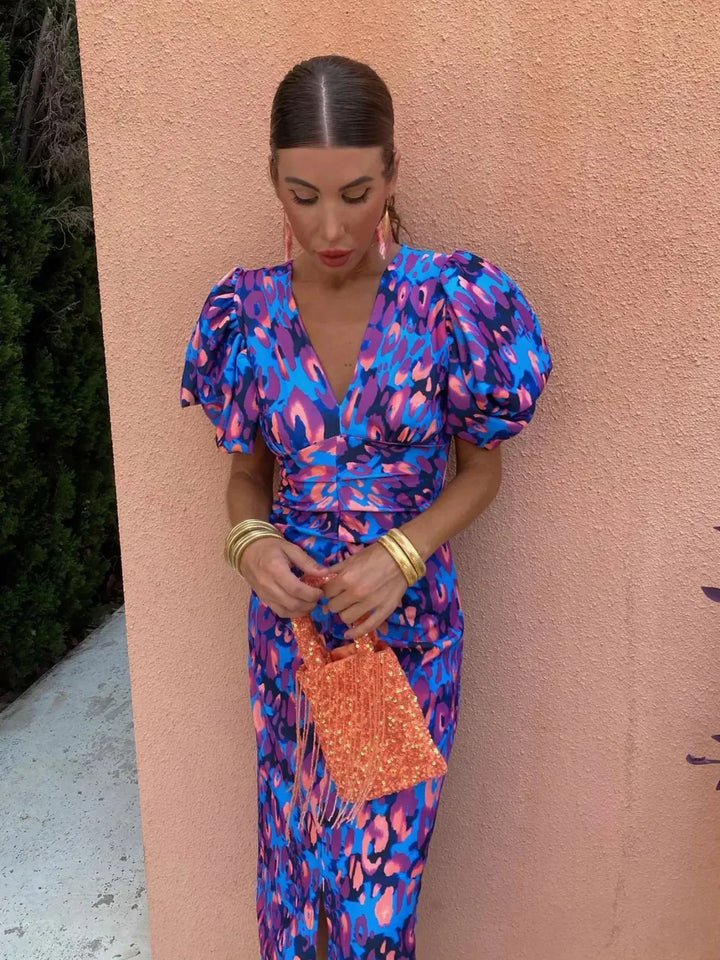 Arielle - Abito Midi Colorato met Maniche Plissettate