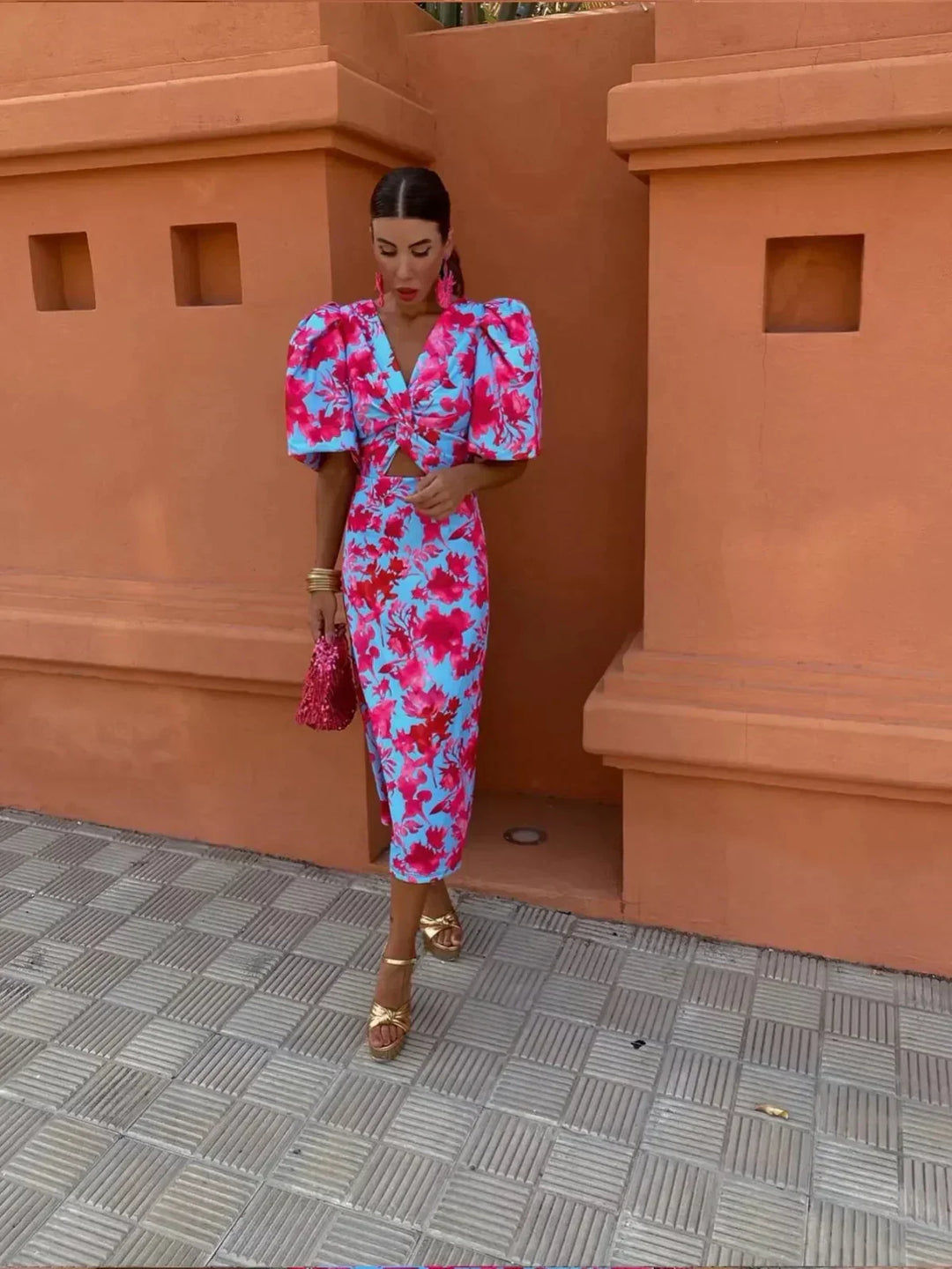 Arielle - Abito Midi Colorato met Maniche Plissettate