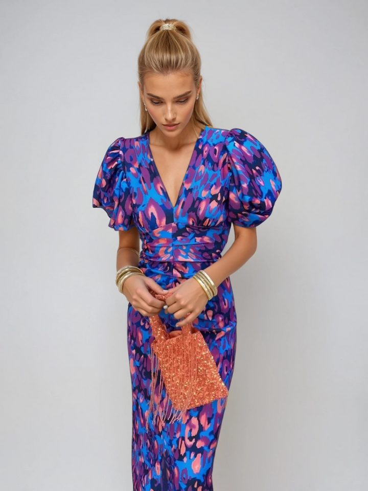 Arielle - Abito Midi Colorato met Maniche Plissettate